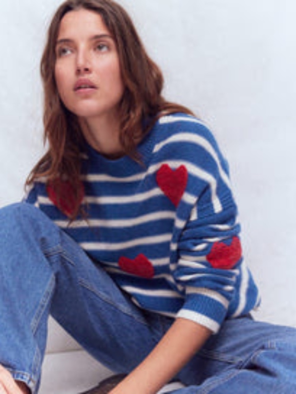Boden Isa Embroidered Sweater-Delft Blue Hearts S